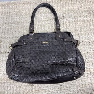 Max Mara Woven Leather Satchel Tote Brown Distressed Vintage Italian Bag